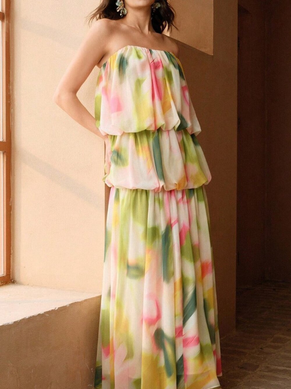 Multicolor Preppy Women's Floral Print Chiffon Sleeveless Tiered Maxi Dress - Picture 7 of 8
